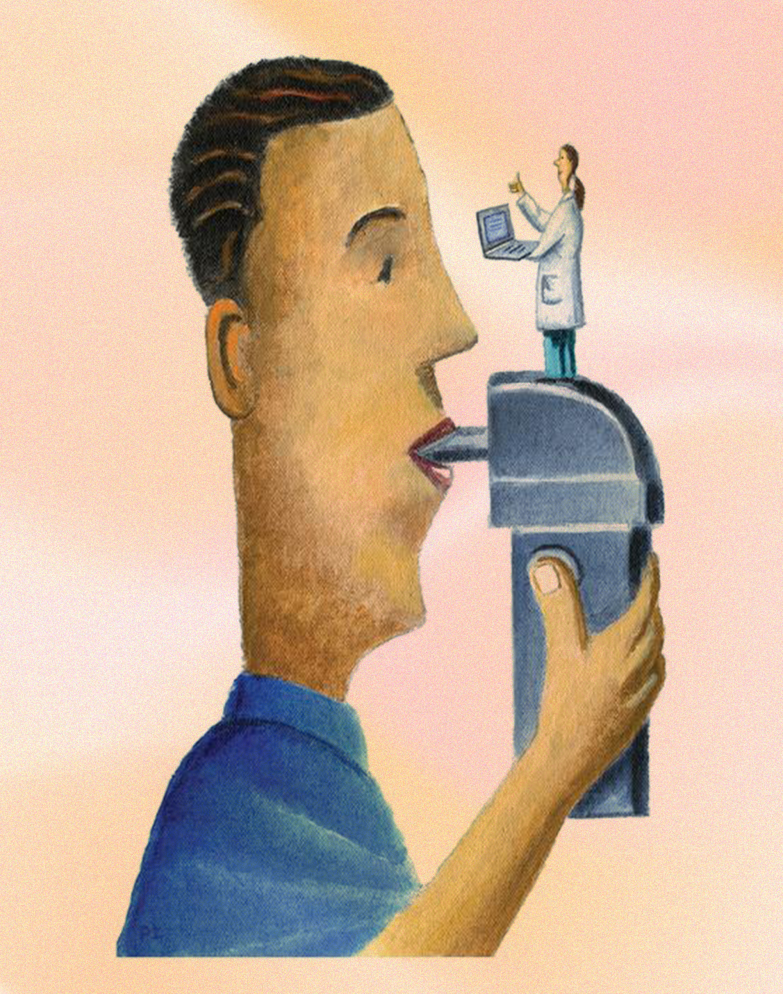 A warm painterly illustration of a person breathing into the MouthLab, with a small clinician standing on the device, one reading captured at home.