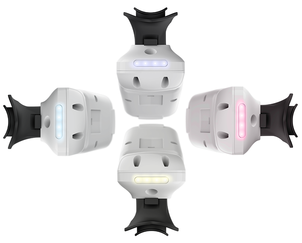 Four MouthLab devices arranged in a compass, each lit a different color, one blue, one cyan, one pink, one amber, showing the same handheld reading different vital signs.
